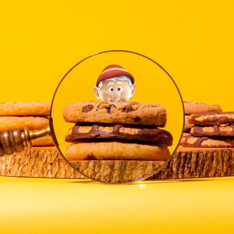 A cookie mascot in a yellow background